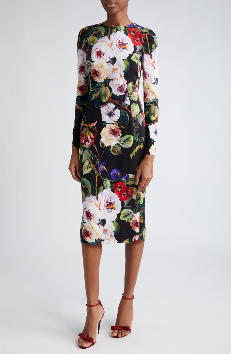 Dolce&Gabbana Floral Print Long Sleeve Charmeuse Sheath Dress, Alternate, color,