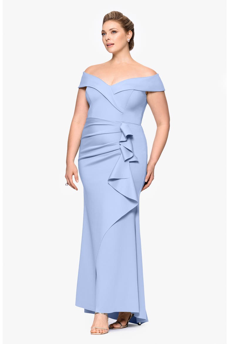Off the Shoulder Ruffle Scuba Knit Gown, Alternate, color, PERIWINKLE