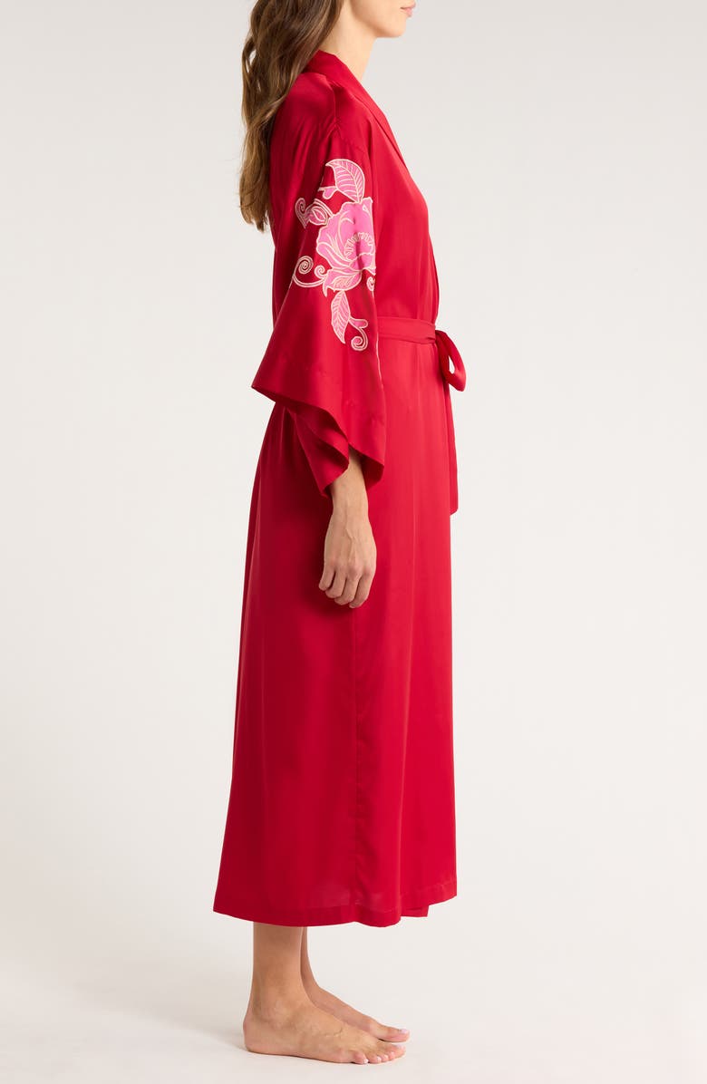 Natori Floral Embroidered Satin Robe, Alternate, color, Red