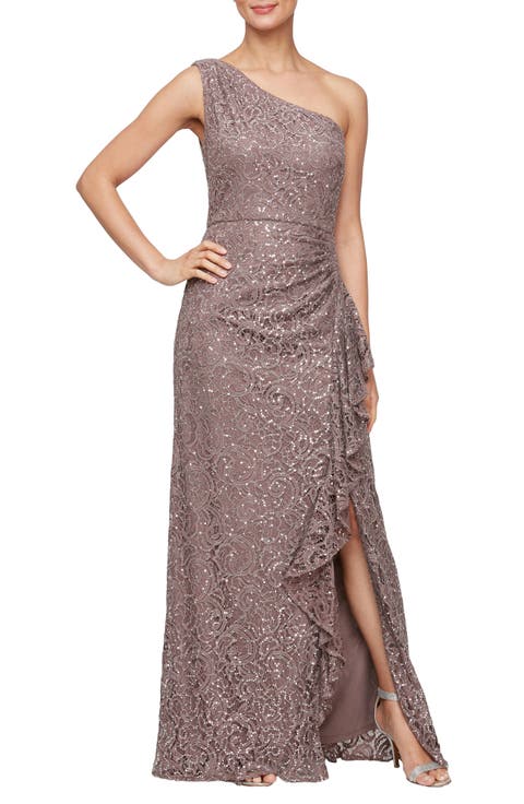 One-Shoulder Sequin Lace A-Line Gown