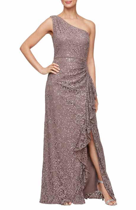 Alex Evenings One-Shoulder Sequin Lace A-Line Gown