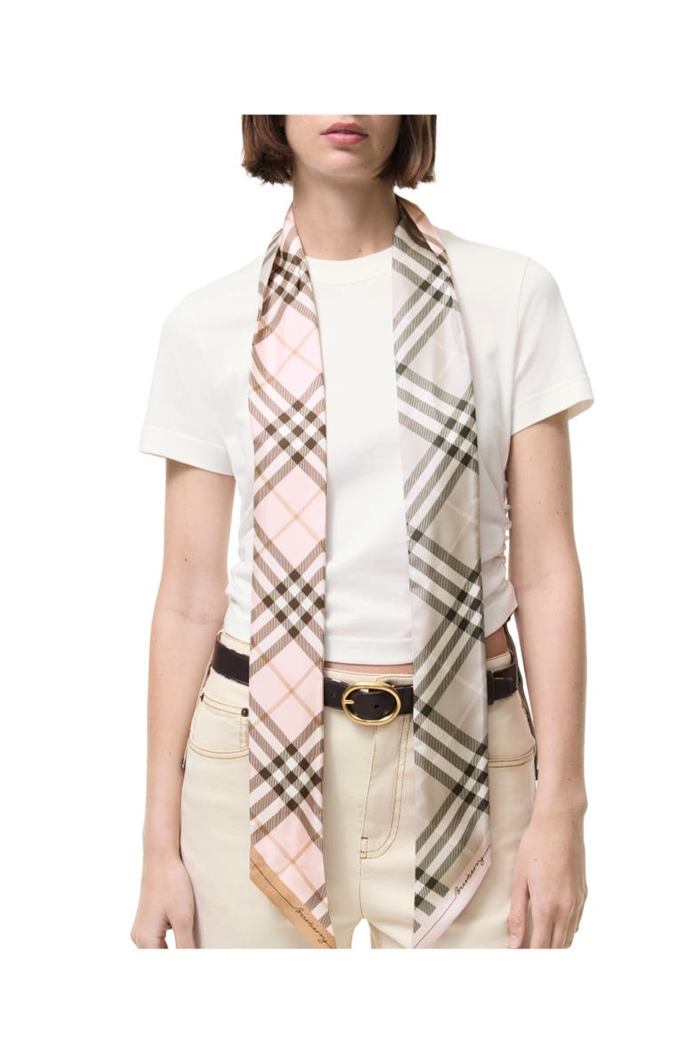 Burberry Skinny Contrast Check Silk Scarf, Alternate, color, Bow Pink/Mitten Grey