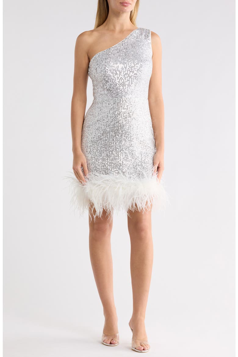 One-Shoulder Sequin Sheath Dress with Faux-Feather Hem, Main, color, IVY