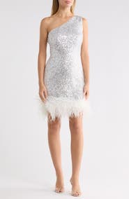 Eliza J One-Shoulder Sequin Sheath Dress with Faux-Feather Hem
