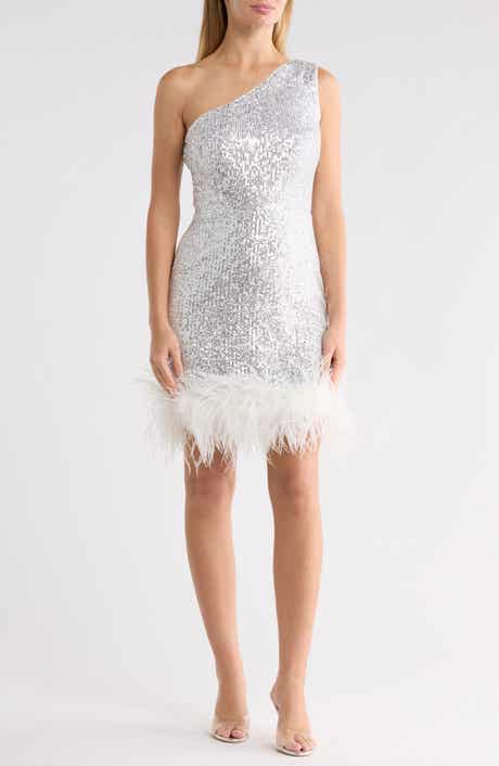 One-Shoulder Sequin Sheath Dress with Faux-Feather Hem