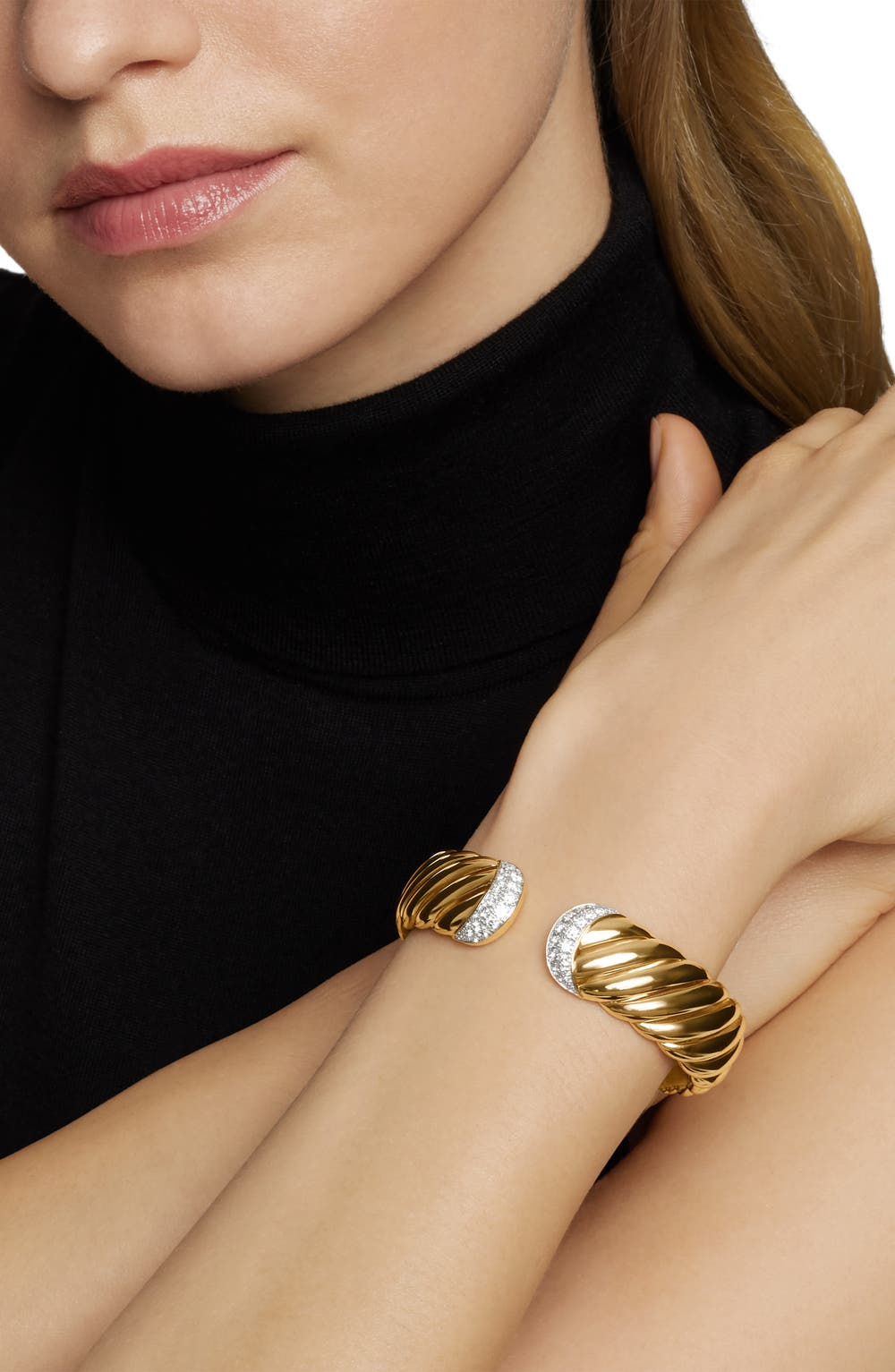 Sculpted Cable 18k Gold & Pavé Diamond Cuff Bracelet, image 2 of 6
