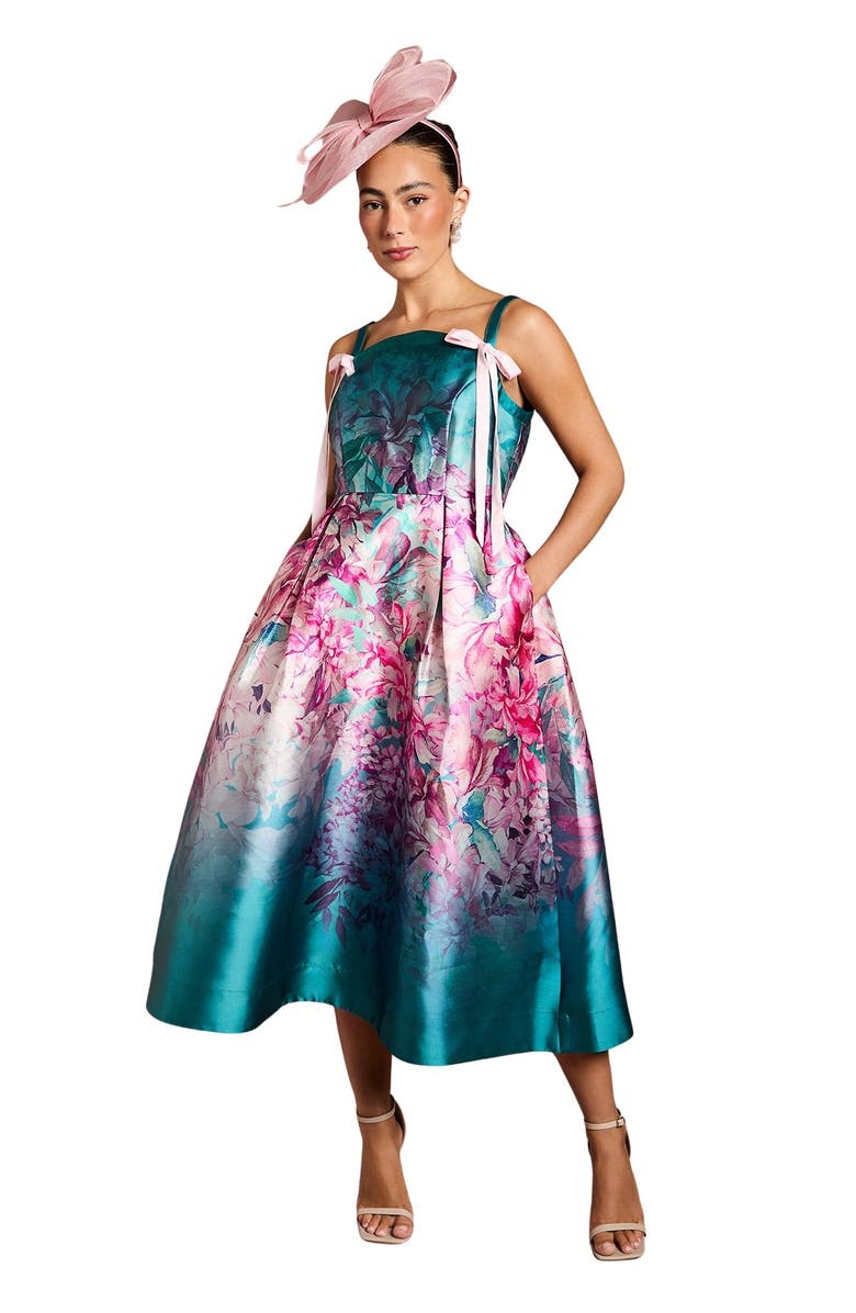 Coast Strappy Bow Detail Twill Midi Dress, Main, color, Teal