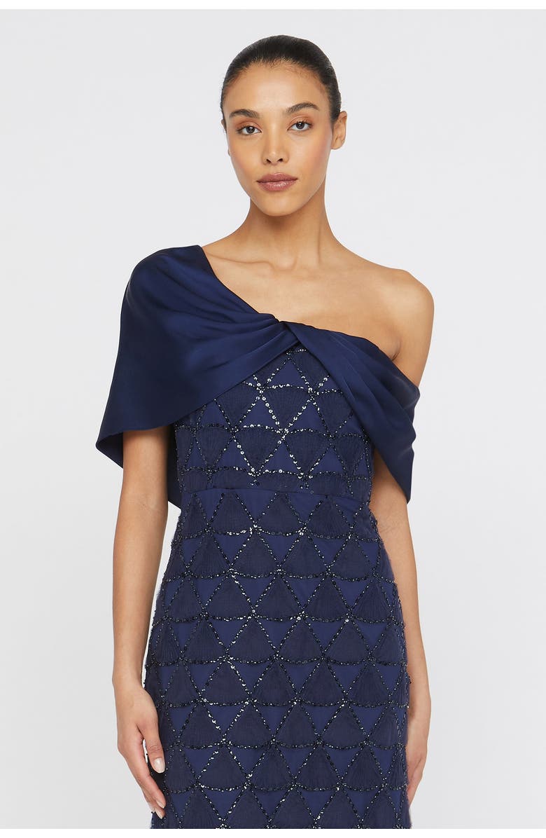 Theia Anabella Textured Tulle Asymmetric Neck Satin Fit and Flare Gown, Alternate, color, Navy