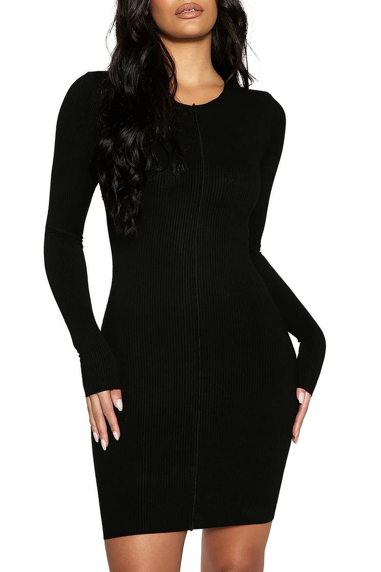 Snatched Vibes Long Sleeve Rib Knit Minidress, Main, color, BLACK