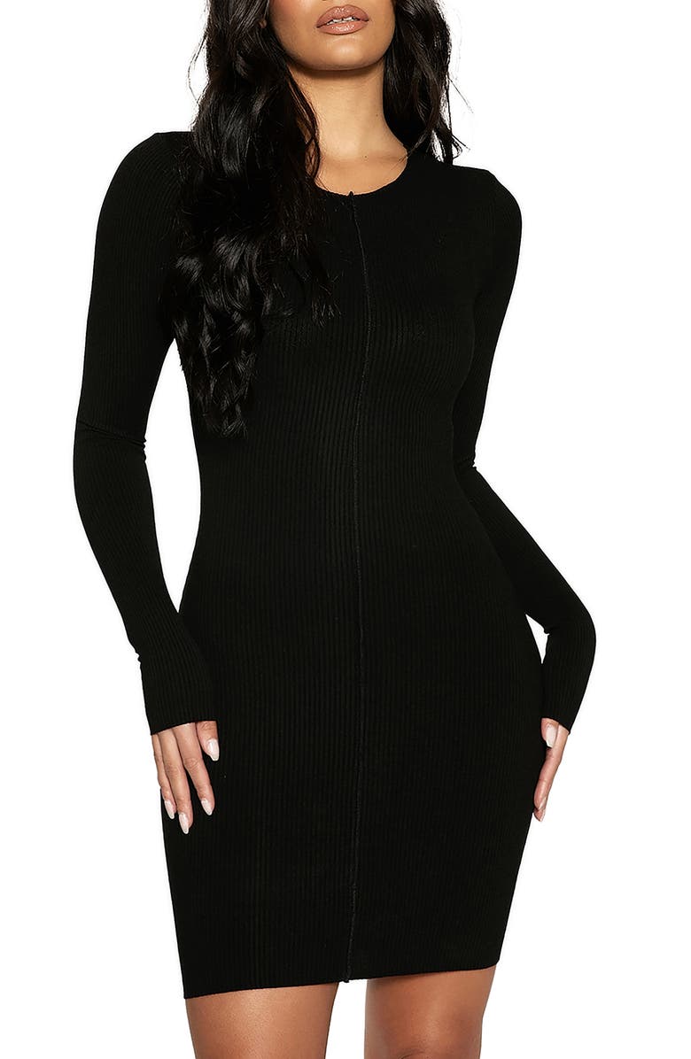 Naked Wardrobe Snatched Vibes Long Sleeve Rib Knit Minidress, Main, color, 