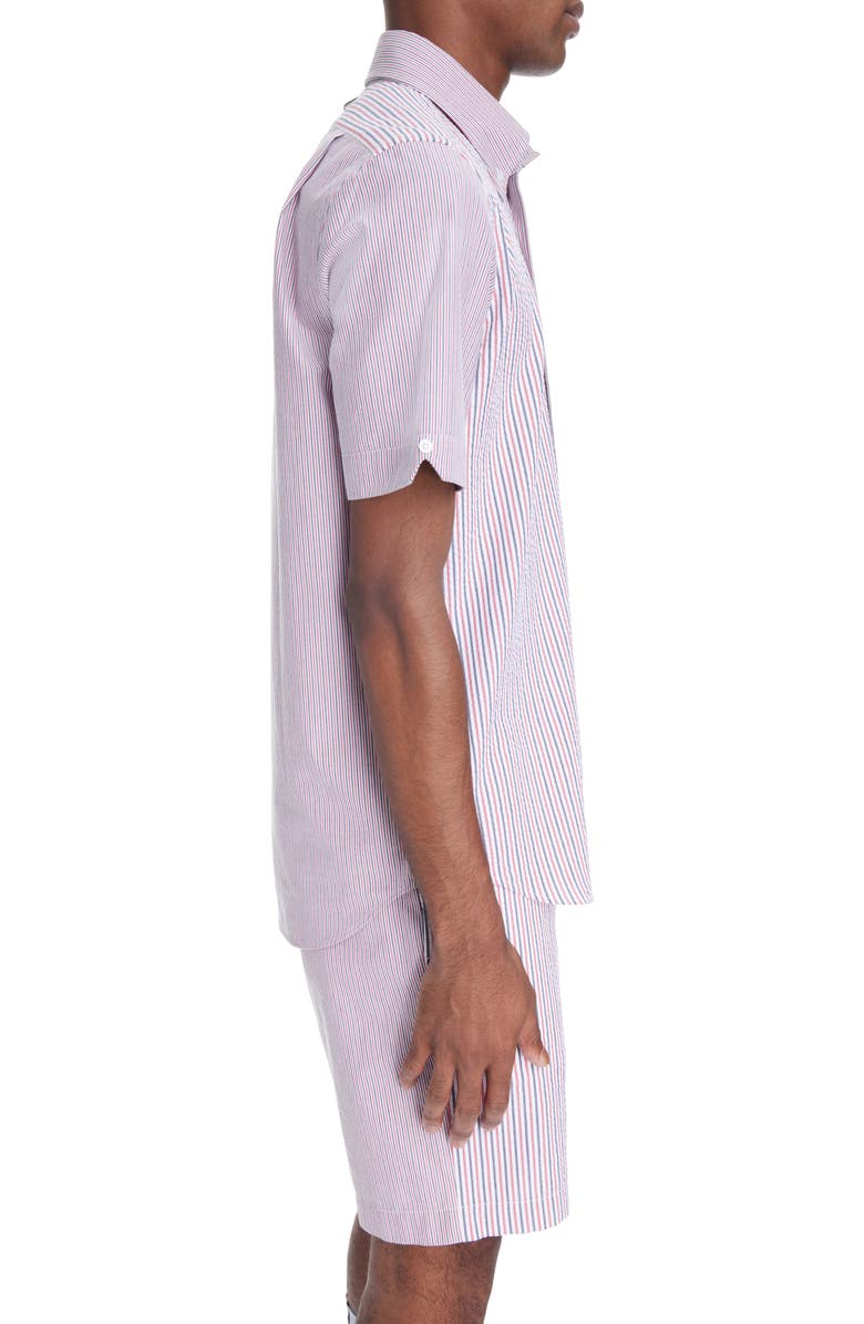 Thom Browne Straight Fit Stripe Short Sleeve Cotton Seersucker Button-Down Shirt, Alternate, color,