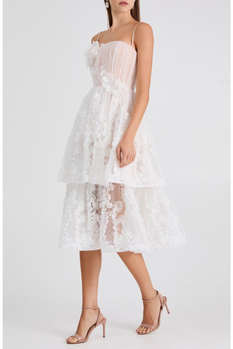 Juliette Floral Appliqué Tiered Cocktail Midi Dress, Alternate, color, OFF WHITE/ NUDE