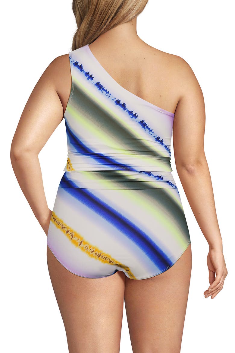 Plus Size Ruched One Shoulder Midkini Top, Alternate, color, Egret White Ombre Stripes
