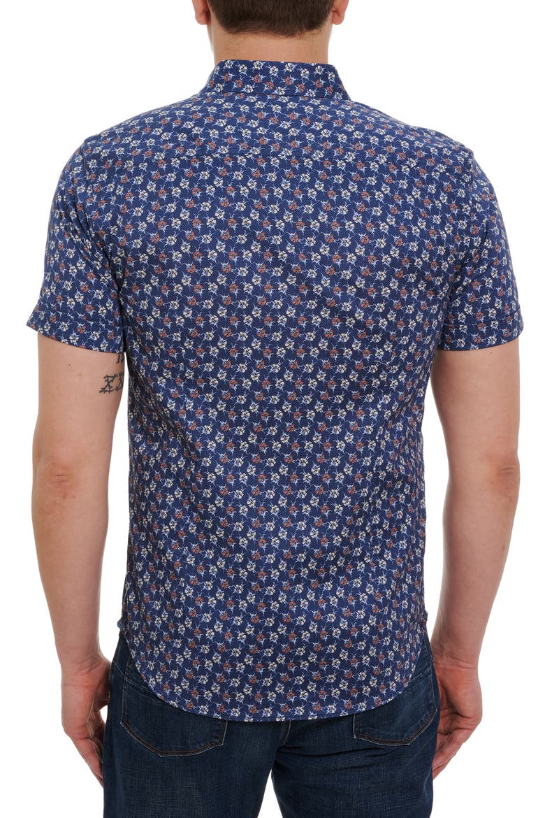 Floras Floral Print Short Sleeve Button-Up Shirt, Alternate, color, NAVY