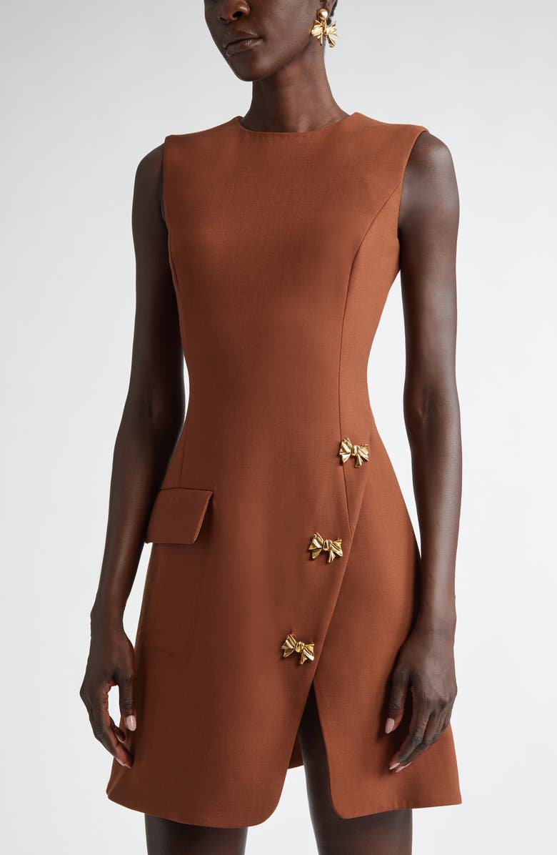 Oscar de la Renta Bow Detail Stretch Wool Blend Dress, Alternate, color, Cocoa