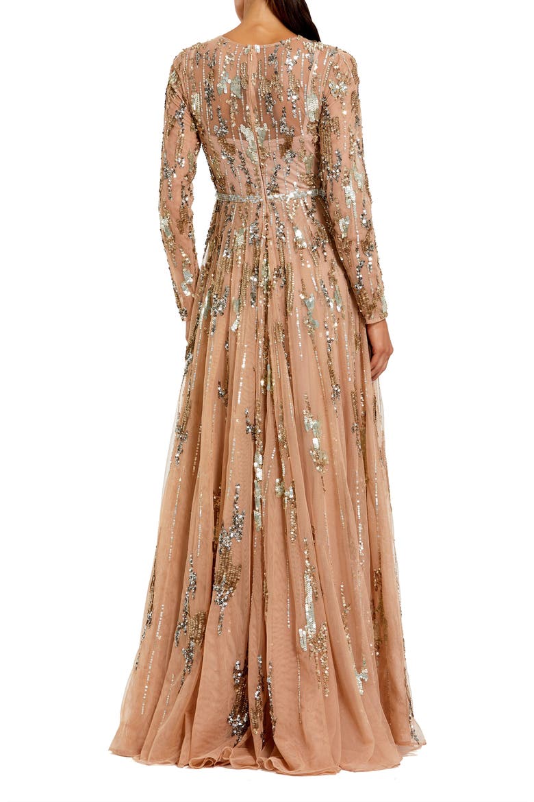 Long Sleeve Mesh Embellished Gown, Alternate, color, Taupe