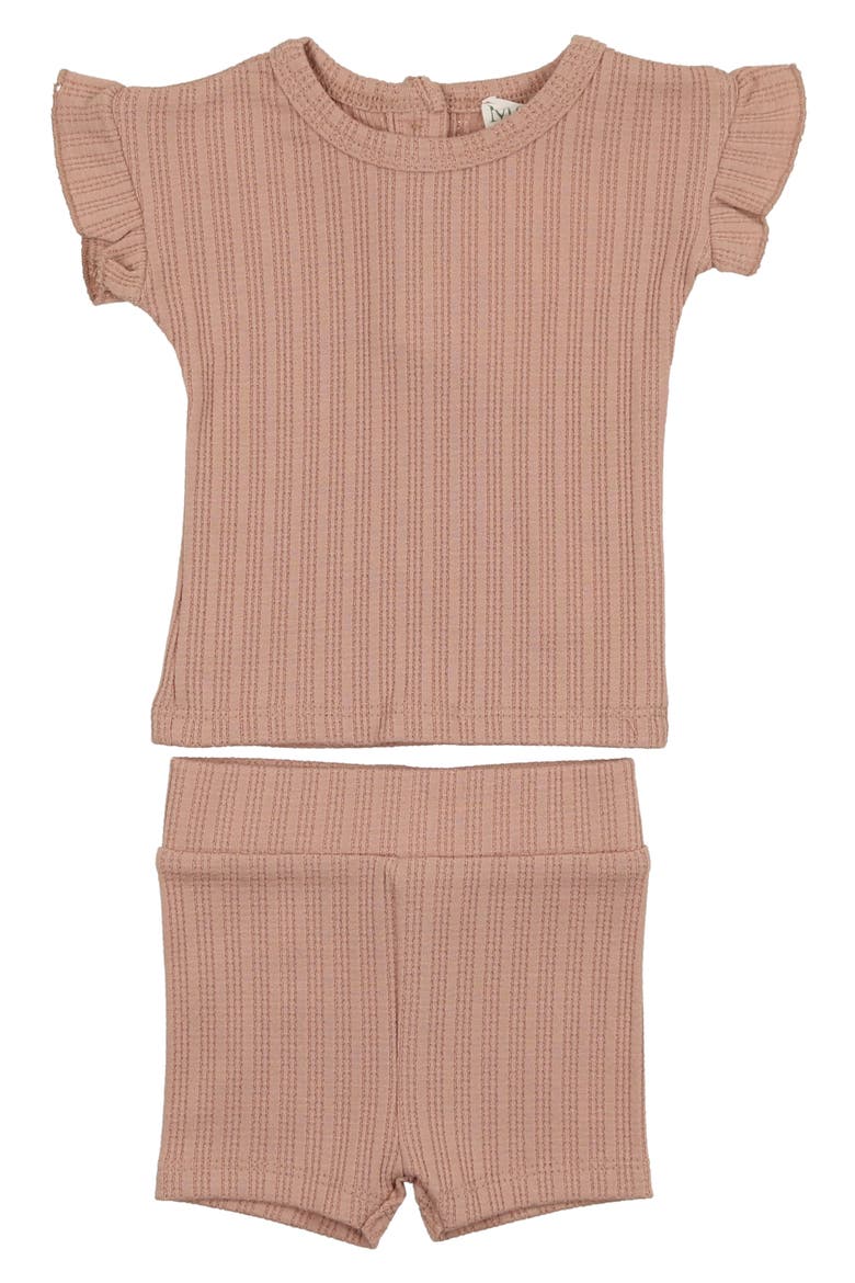 Rib Ruffle Sleeve Cotton Knit T-Shirt & Shorts Set, Main, color, MAUVE