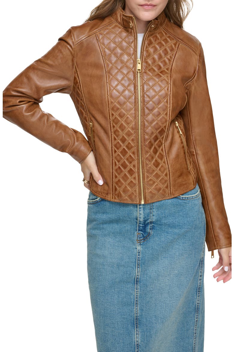 Quilted Panel Leather Jacket, Alternate, color, COGNAC