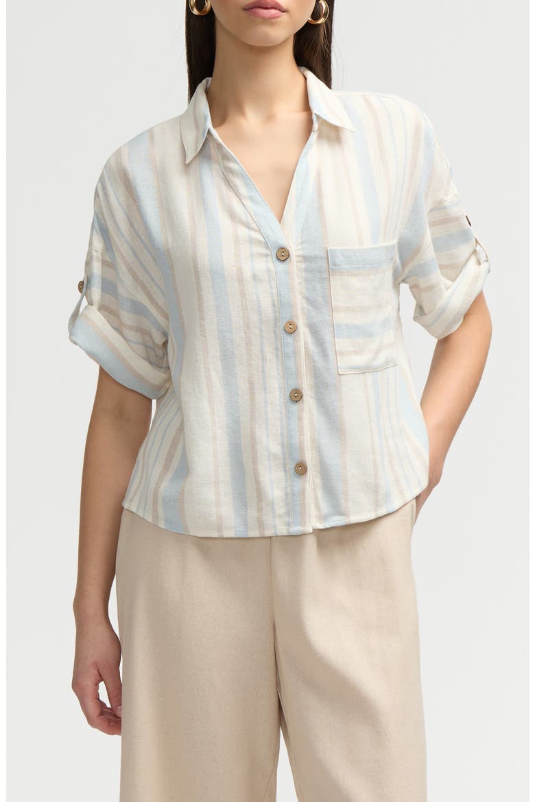 Short Sleeve Crop Button-Up Shirt, Main, color, BLUE NATURAL STRIPE