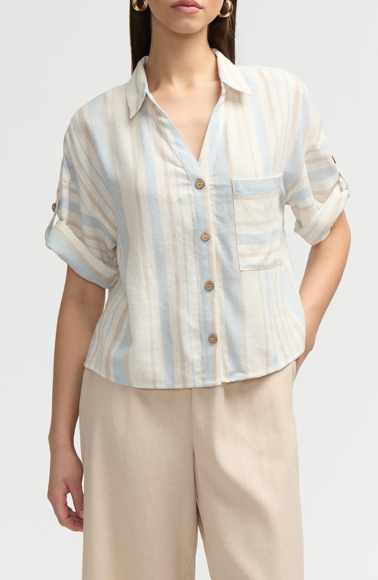 NVLT Short Sleeve Crop Button-Up Shirt, Main, color, Blue Natural Stripe