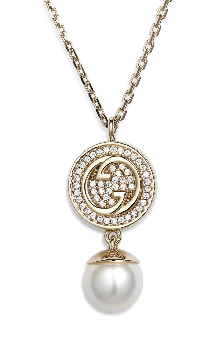 Gucci Blondie Pavé Faux Pearl Pendant Necklace, Main, color, 