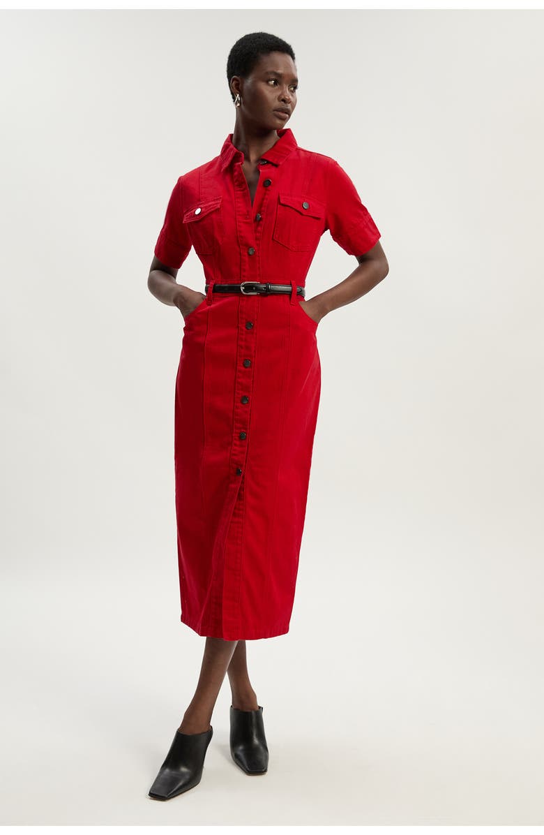 Karen Millen Petite Denim Short Sleeve Shirt Dress, Main, color, Red