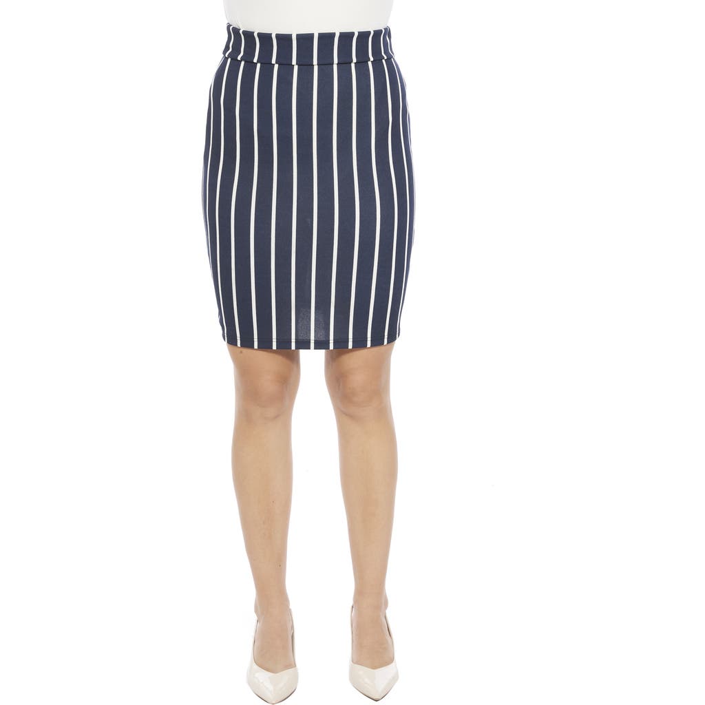 24seven Comfort Apparel Womens Striped Elastic Waist Knee Length Pencil Skirt in Navy Multi at Nordstrom, Size Large