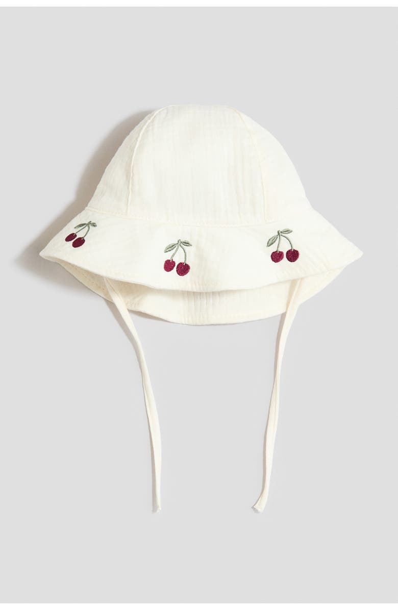H&M Embroidered Muslin Sun Hat, Main, color, White/Cherries