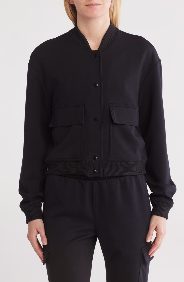 90 DEGREE BY REFLEX Soho Snap Cargo Scuba Knit Bomber Jacket, Main, color, Black