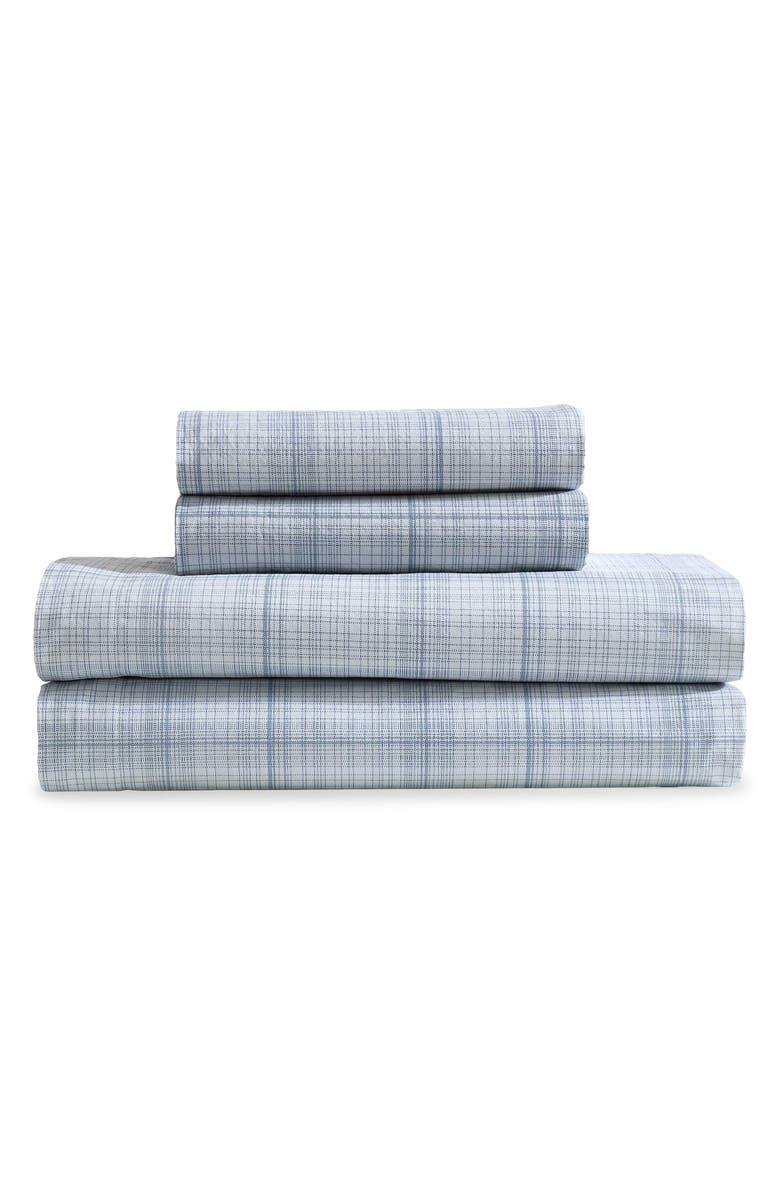 Calvin Klein Multi Grid 200 Thread Count Cotton Percale Sheet Set, Main, color, Light / Medium Blue