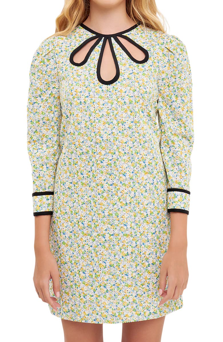English Factory Floral Print Contrast Binding Puff Shoulder Minidress, Alternate, color,