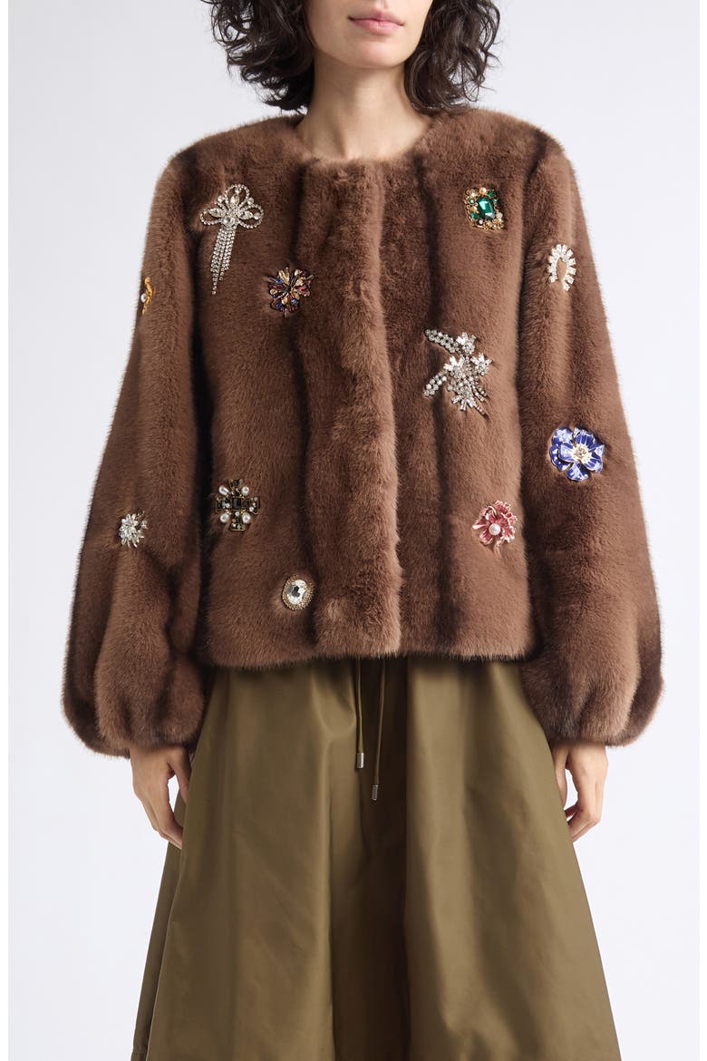 Benson Jewel Cluster Faux Fur Coat, Main, color, TAUPE