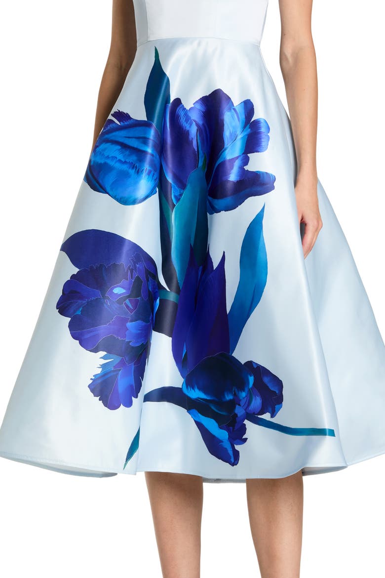 Strapless Satin Midi Dress With Flower Print, Alternate, color, Blue Multi