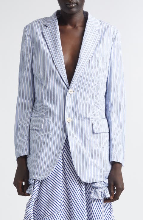 Stripe Ruffle Hem Single Breasted Cotton Blazer