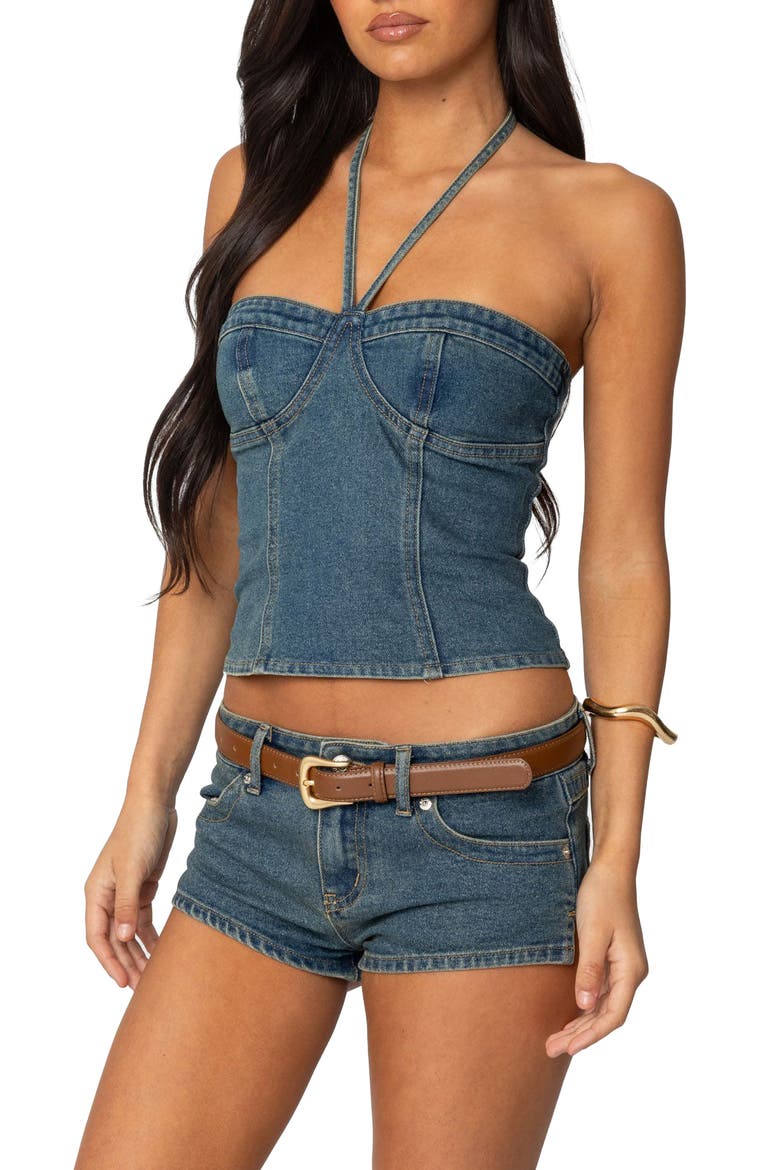 Jagger Denim Bustier Halter Top, Alternate, color, BLUE-WASHED