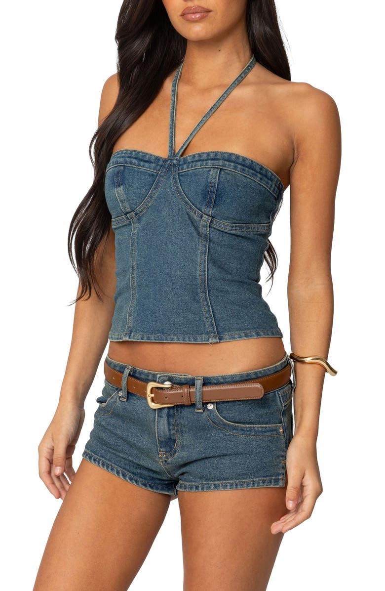 EDIKTED Jagger Denim Bustier Halter Top, Alternate, color, Blue-Washed