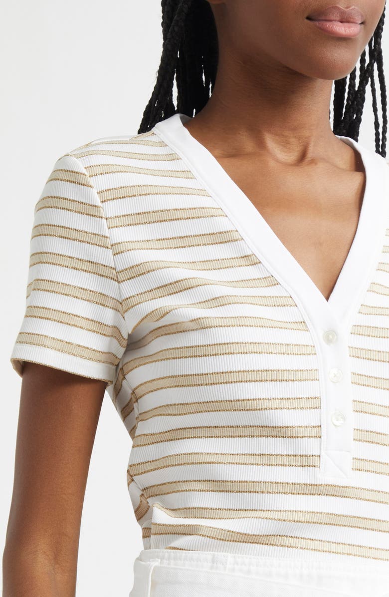 Veronica Beard Dekalb Stripe Stretch Cotton Henley Top, Alternate, color, Khaki White