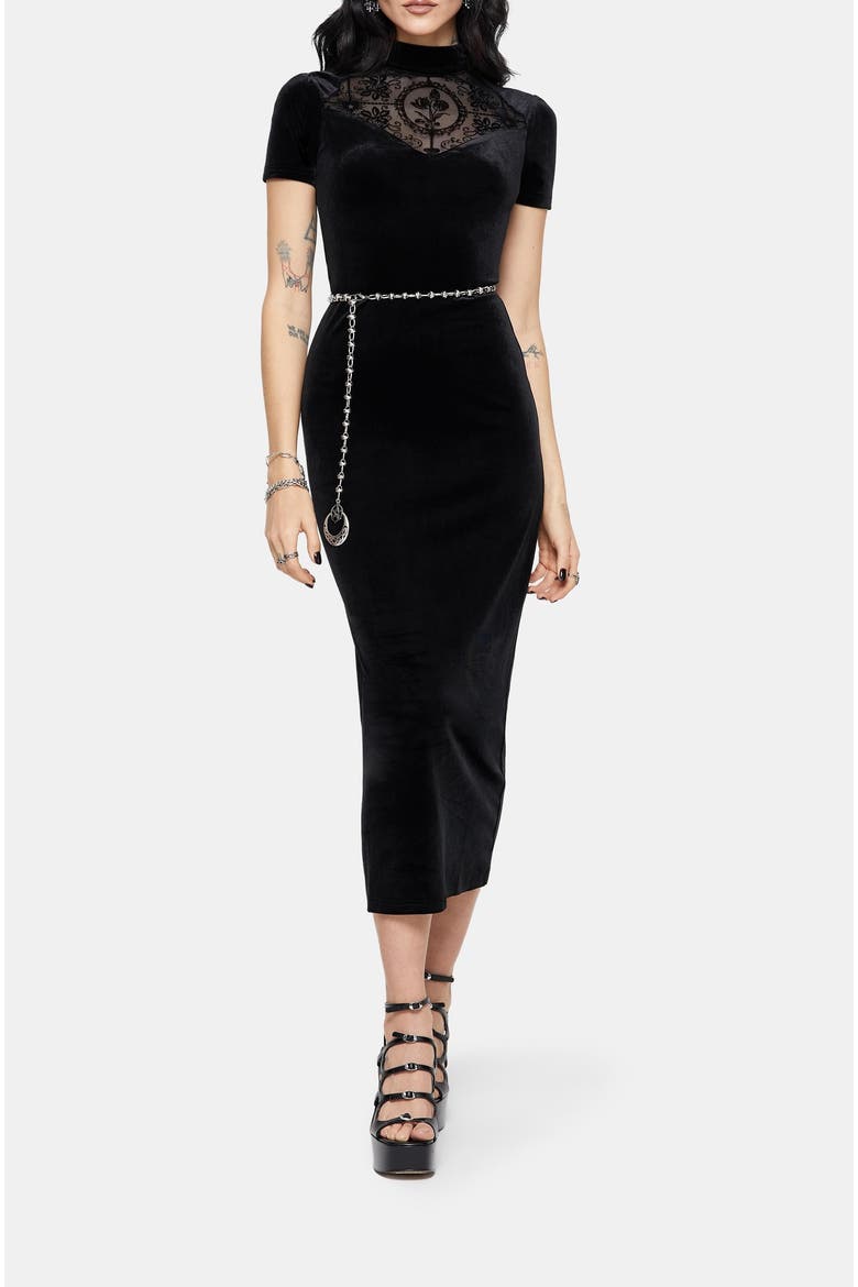 Cameo Flocked Mesh Insert Midi Dress, Alternate, color, Black