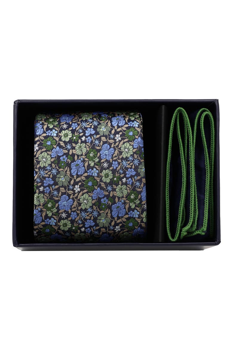 Floral Tie & Pocket Square Set, Alternate, color, NAVY/ HUNTER GREEN