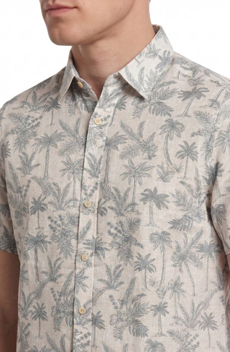 Report Collection Tropical Print Short Sleeve Linen & Cotton Button-Up Shirt, Alternate, color, White