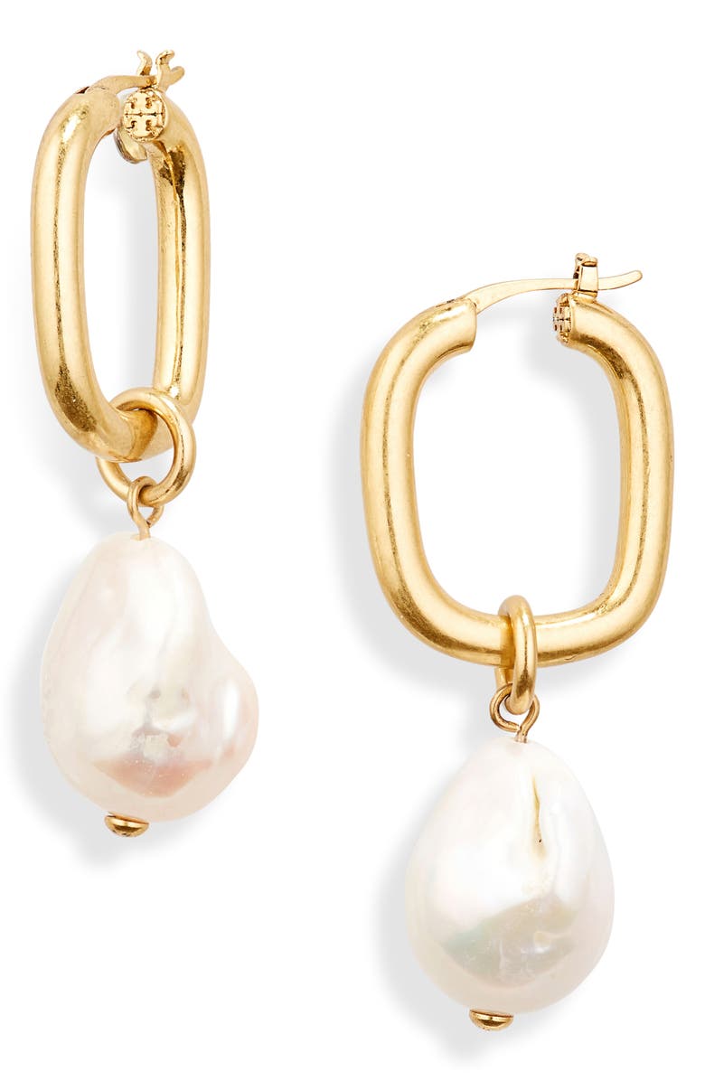 Tory Burch Freshwater Pearl Hoop Earrings, Main, color, Antique Light Brass / Pearl