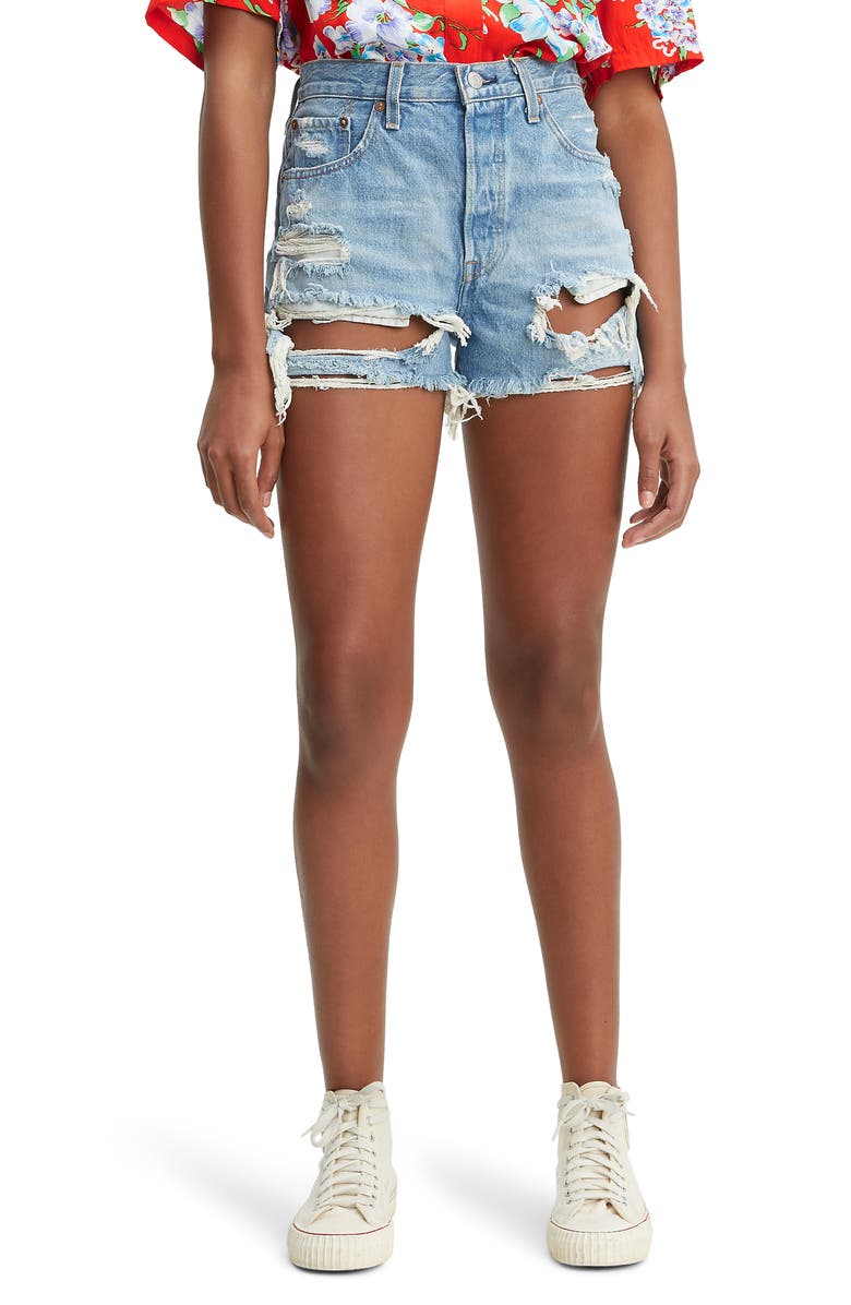 Levi's <sup>®</sup> 501<sup>®</sup> High Waist Ripped Cutoff Denim Shorts, Main, color, Fault Line