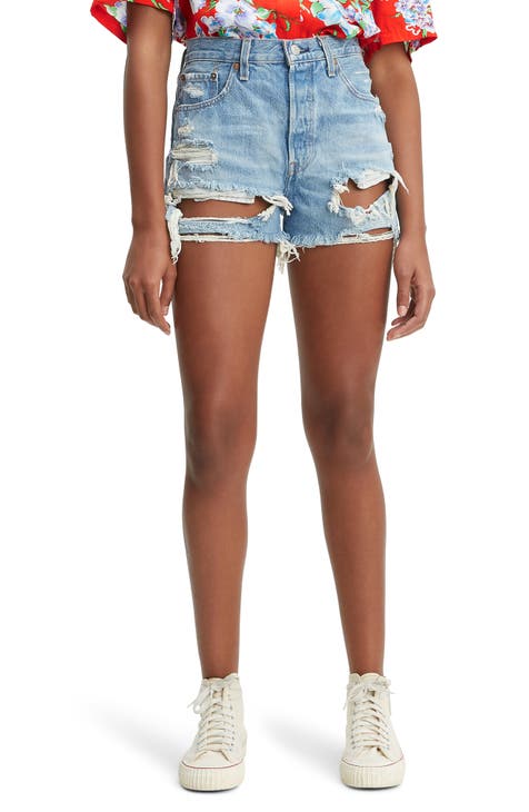 501® High Waist Ripped Cutoff Denim Shorts (Fault Line)