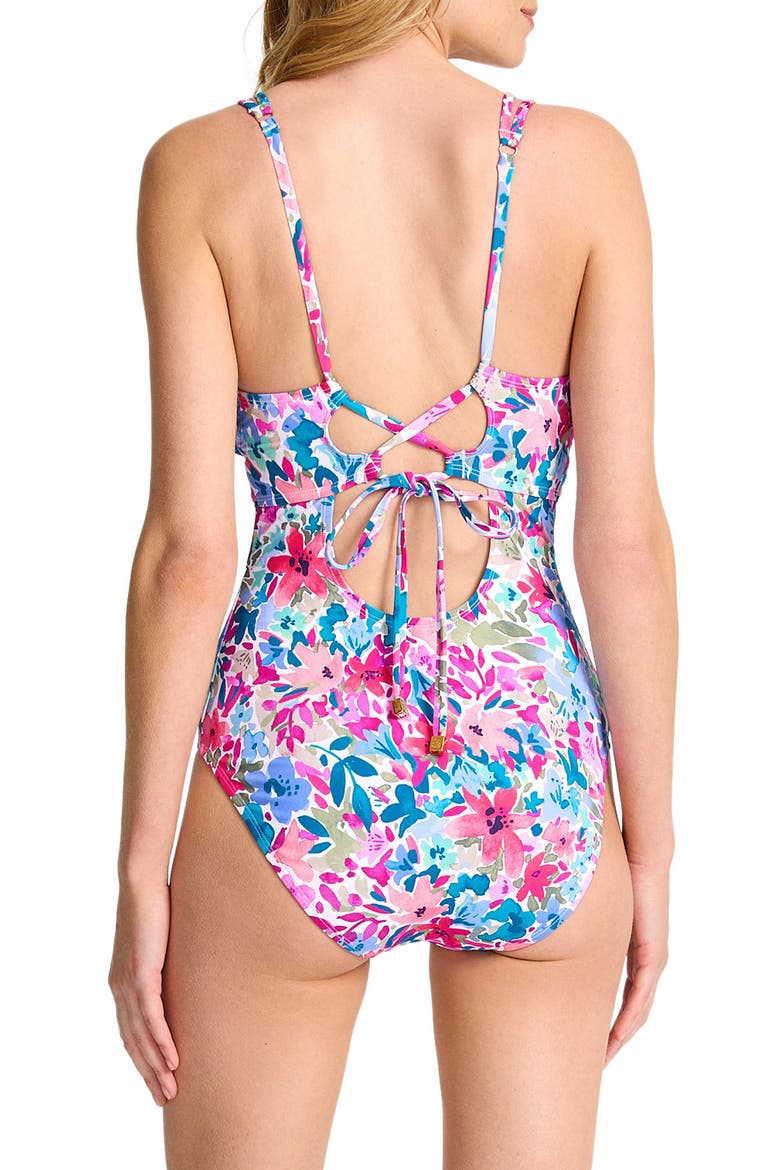 Watercolor Floral Print One-Piece Swimsuit, Alternate, color, DUSTY LUPINE