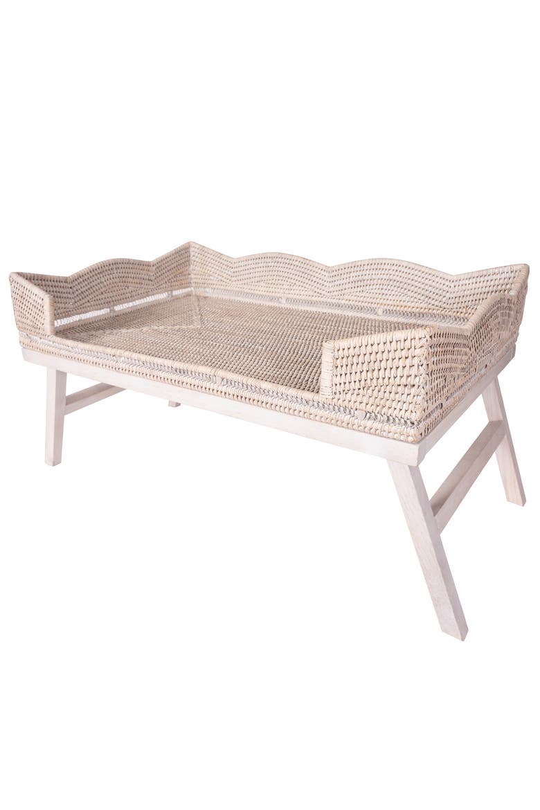 Scalloped Rattan Breakfast Tray with Wooden Legs, Alternate, color, White Wash