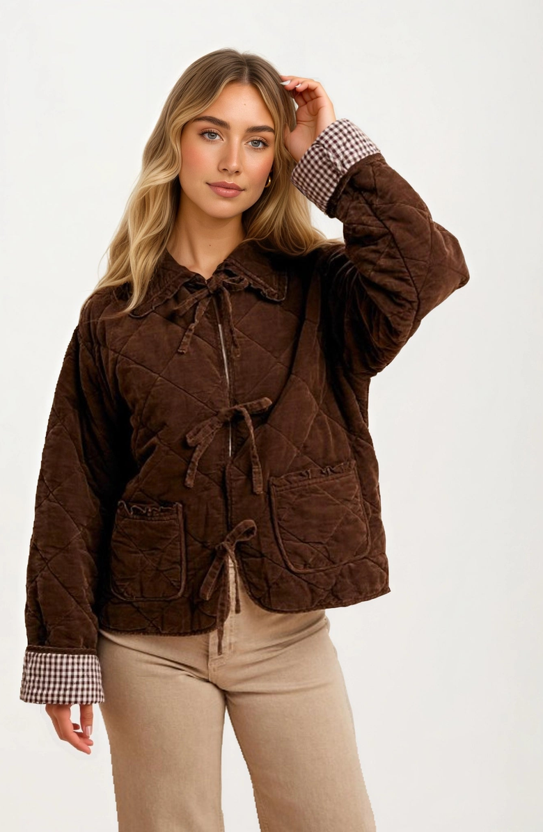 Knit and Lounge Quilted Tie Front Gingham Cuff Jacket, Alternate, color, 