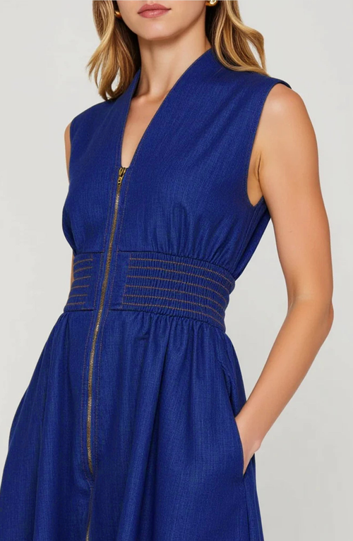 Modenaire Zip Front Sleeveless Denim Midi Dress With Smocked Waist Detail In Blue