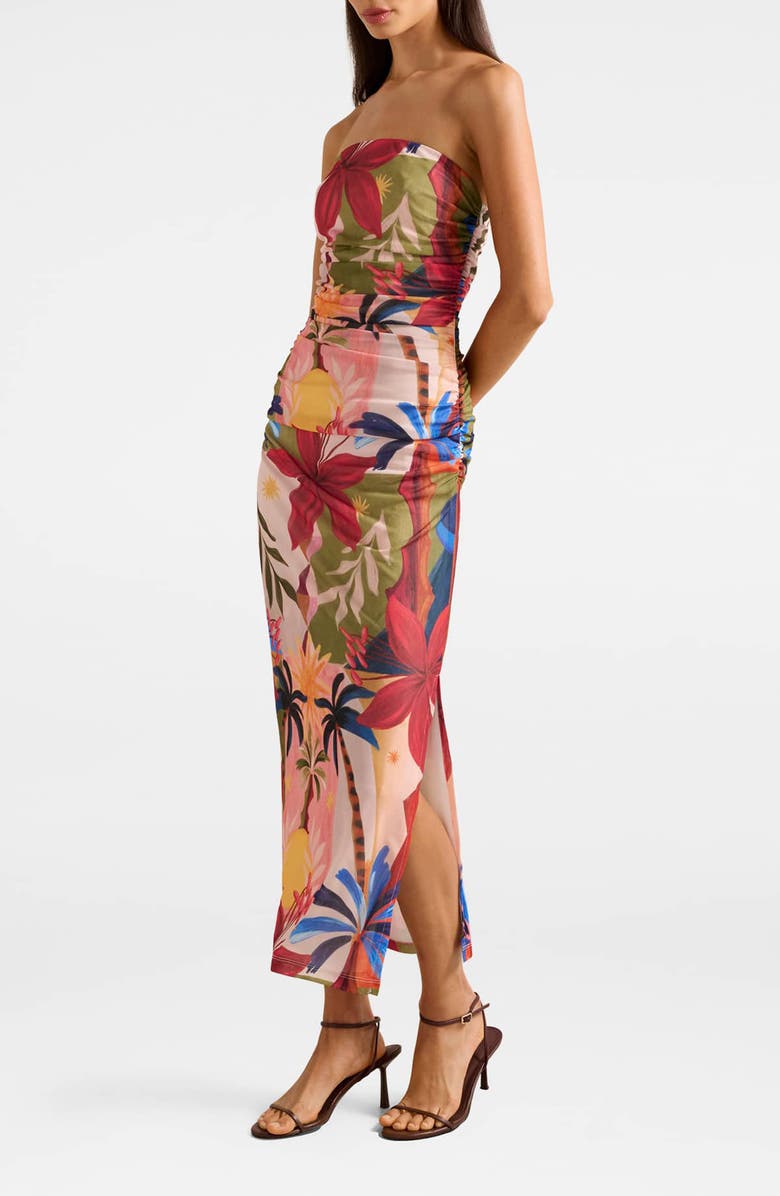 Ever New Alex Strapless Ruched Mesh Maxi Dress, Alternate, color, Havana Holiday