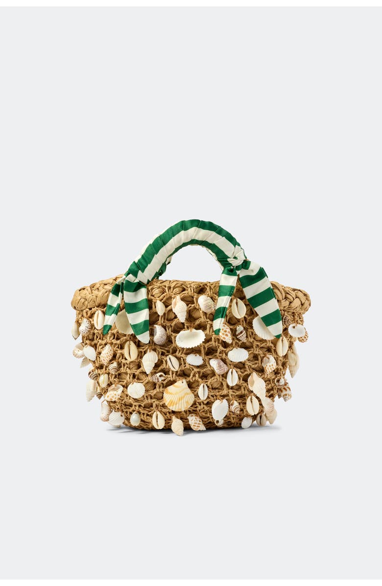 SIMONMILLER EMBELLISHED SHELLY BAG WITH SCARF HANDLE, Main, color, Natural/Green Stripe