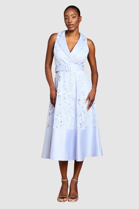 Satin Trim Lace Collard Midi Dress